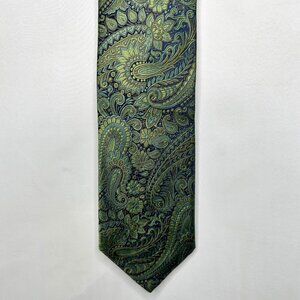 Roffe Platinum Men’s Neck Tie 4” Green & Blue Silk Paisley Handmade Necktie Long